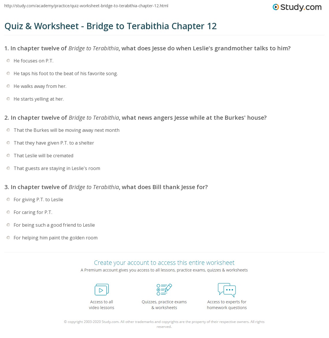 Quiz & Worksheet - Bridge to Terabithia Chapter 12 | Study.com