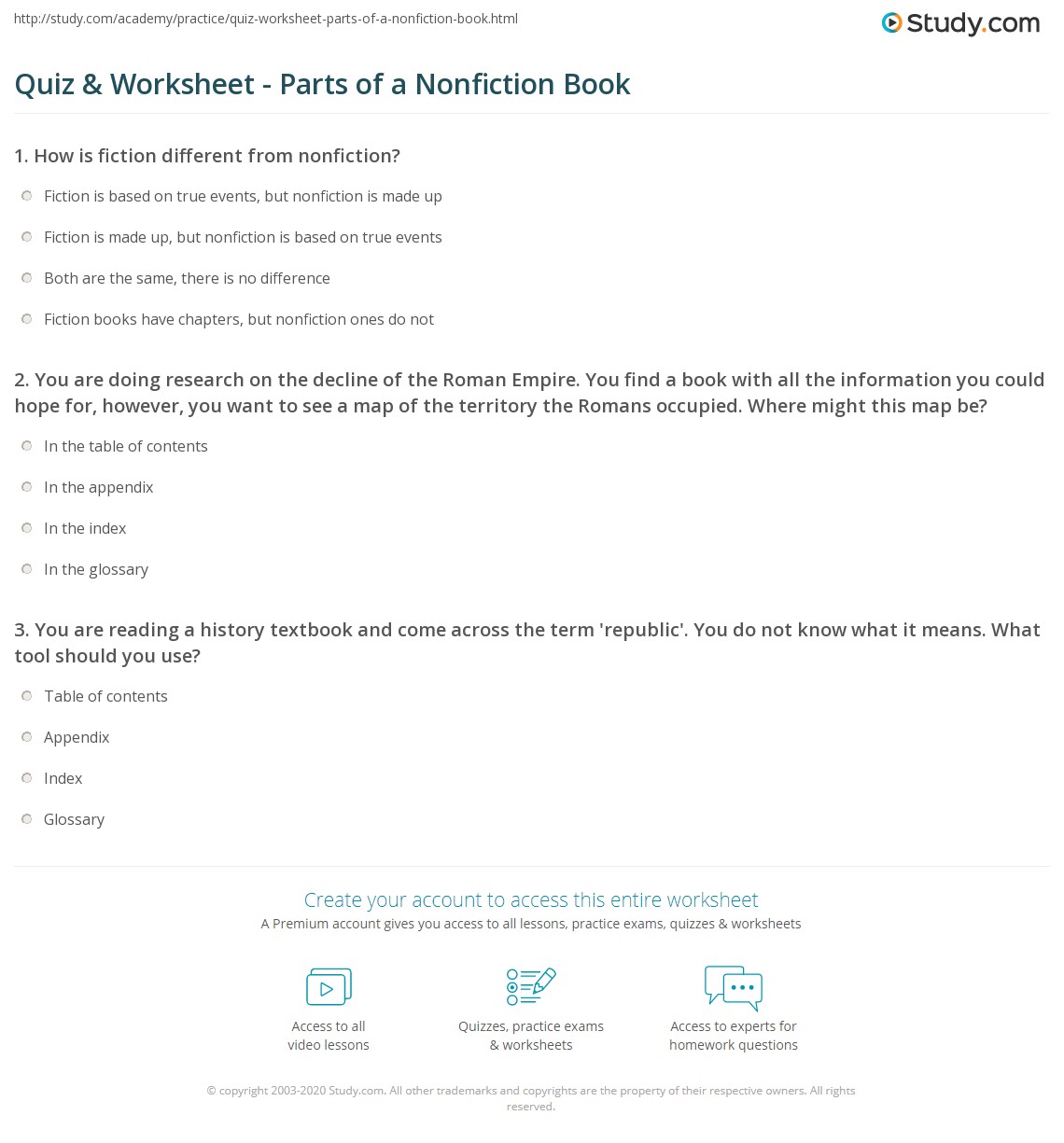 Quiz & Worksheet - Parts of a Nonfiction Book  Study.com multiplication, education, grade worksheets, and learning Nonfiction Text Worksheets 1502 x 1140