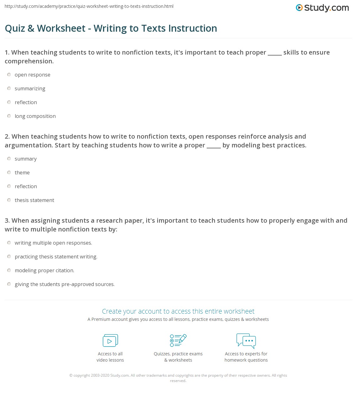 Quiz & Worksheet - Writing to Texts Instruction  Study.com multiplication, education, grade worksheets, and learning Nonfiction Text Worksheets 1466 x 1140