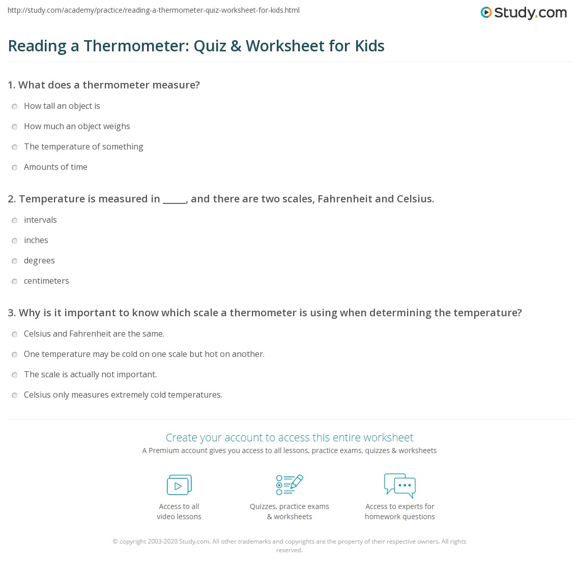 Reading A Thermometer Quiz Worksheet For Kids Study