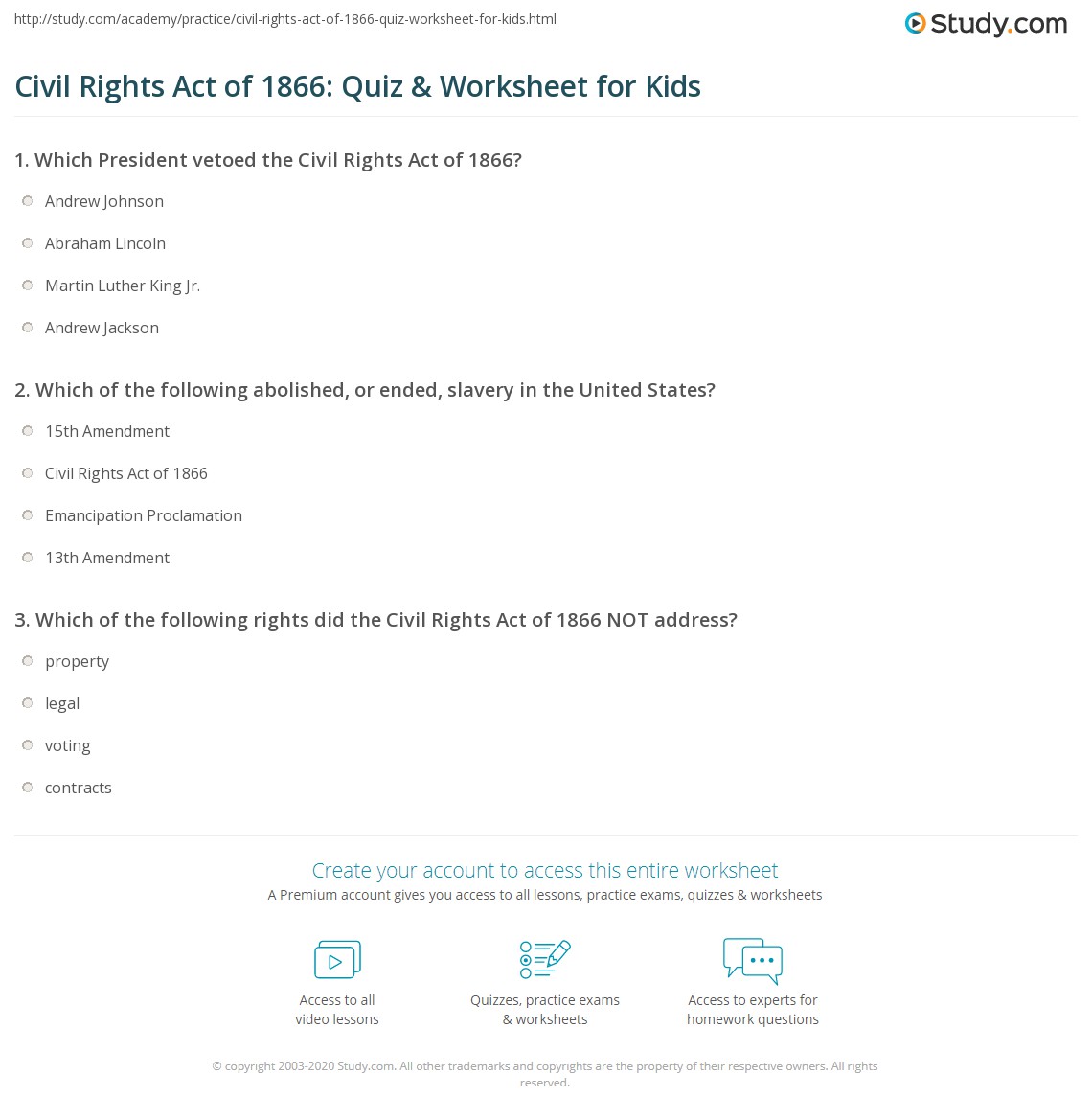 Civil Rights Act of 1866: Quiz & Worksheet for Kids | Study.com