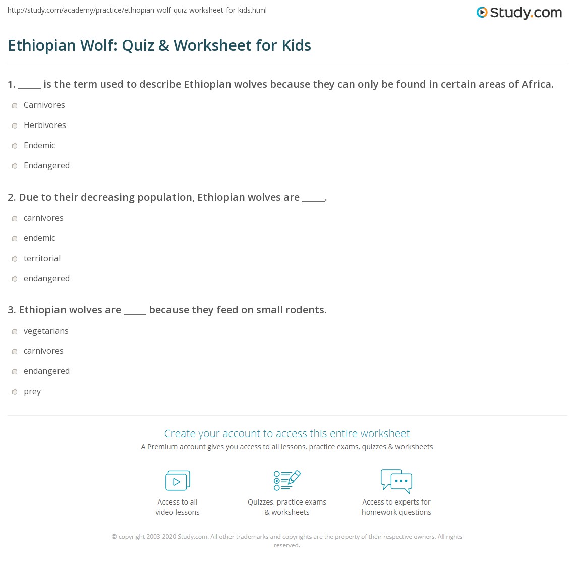 Ethiopian Wolf: Quiz &amp; Worksheet for Kids | Study.com