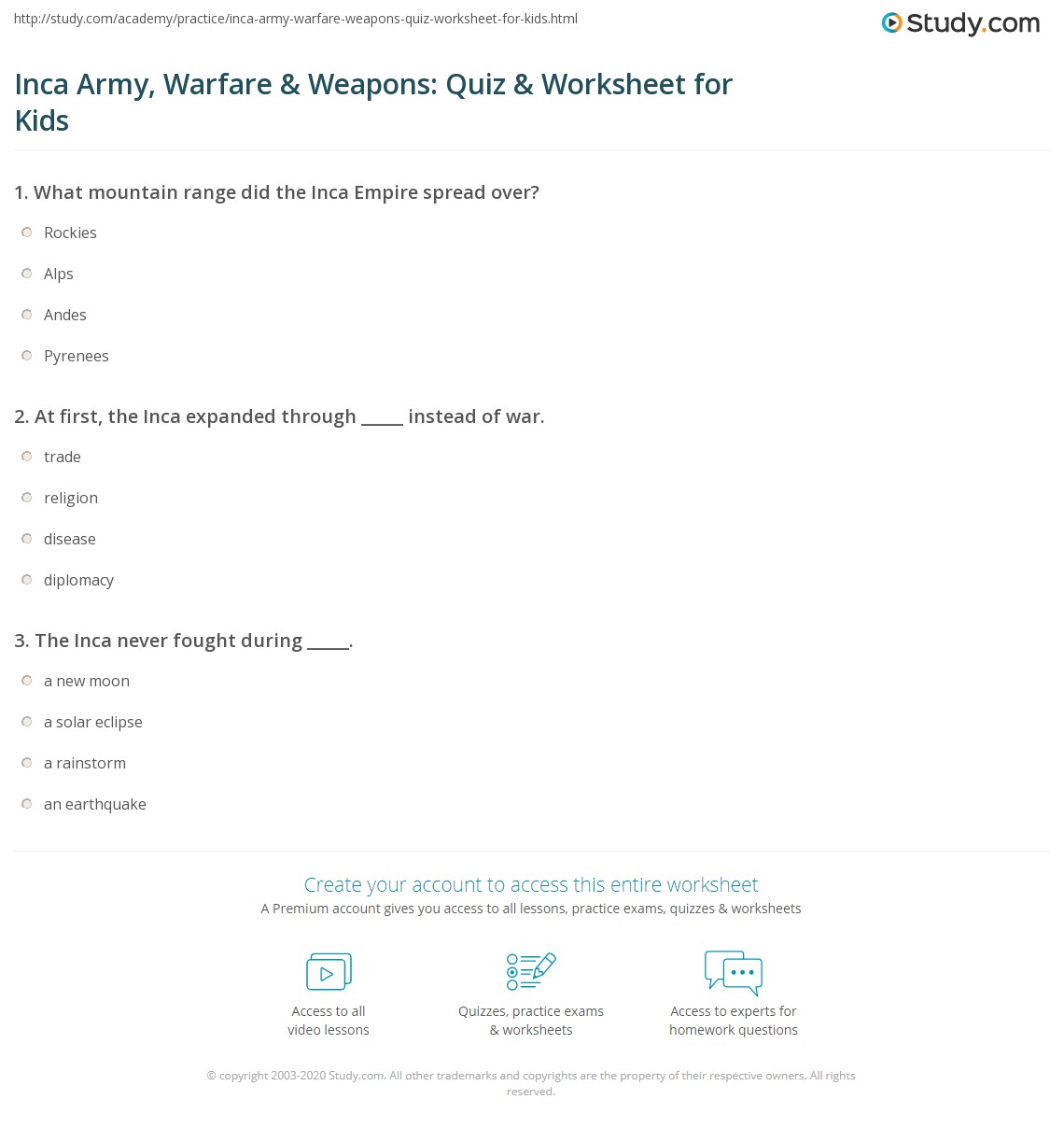 Inca Army, Warfare & Weapons: Quiz & Worksheet for Kids | Study.com