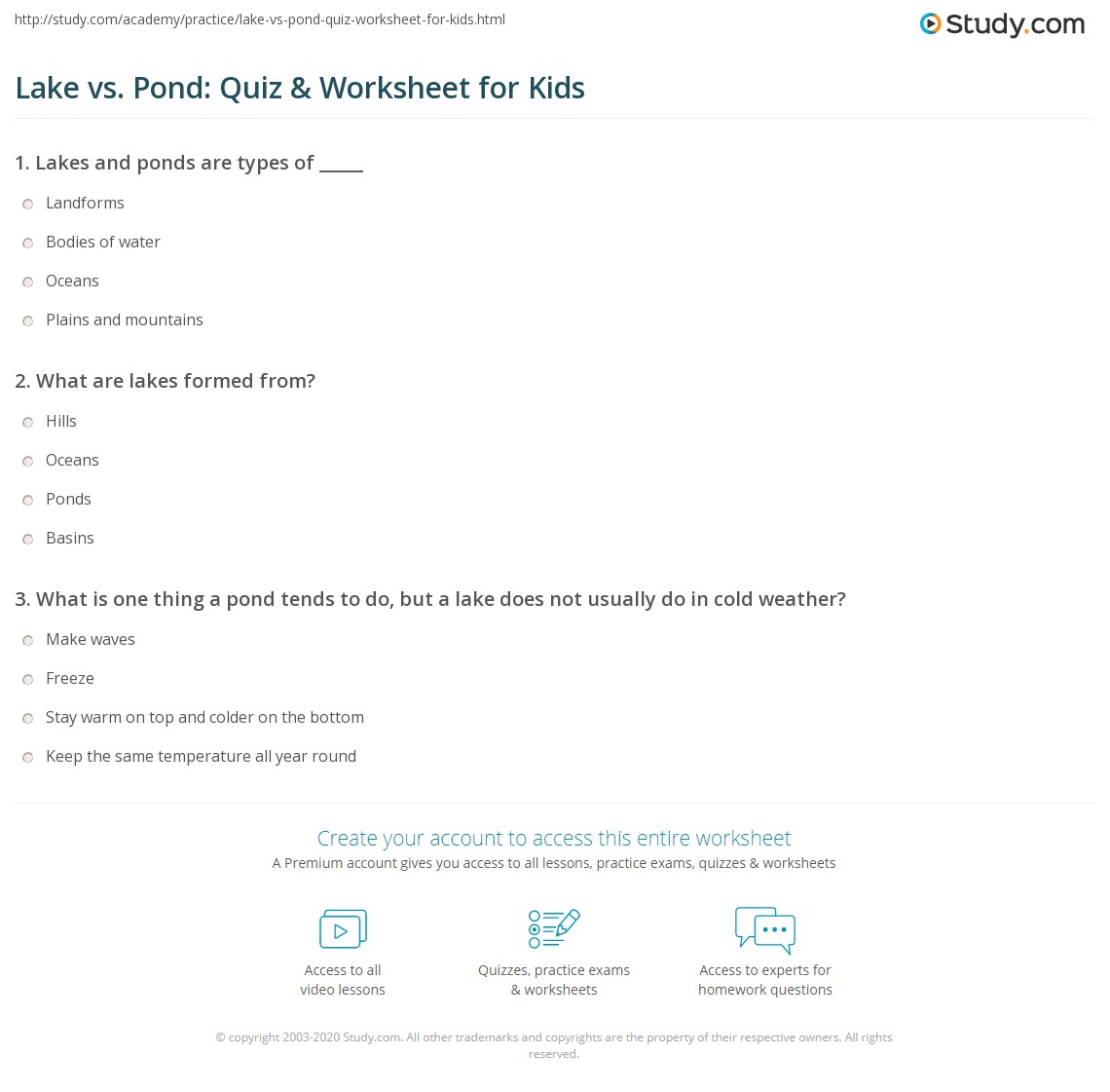 Lake vs. Pond Quiz & Worksheet for Kids