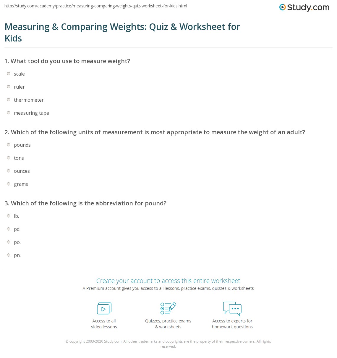 Measuring & Comparing Weights Quiz & Worksheet for Kids
