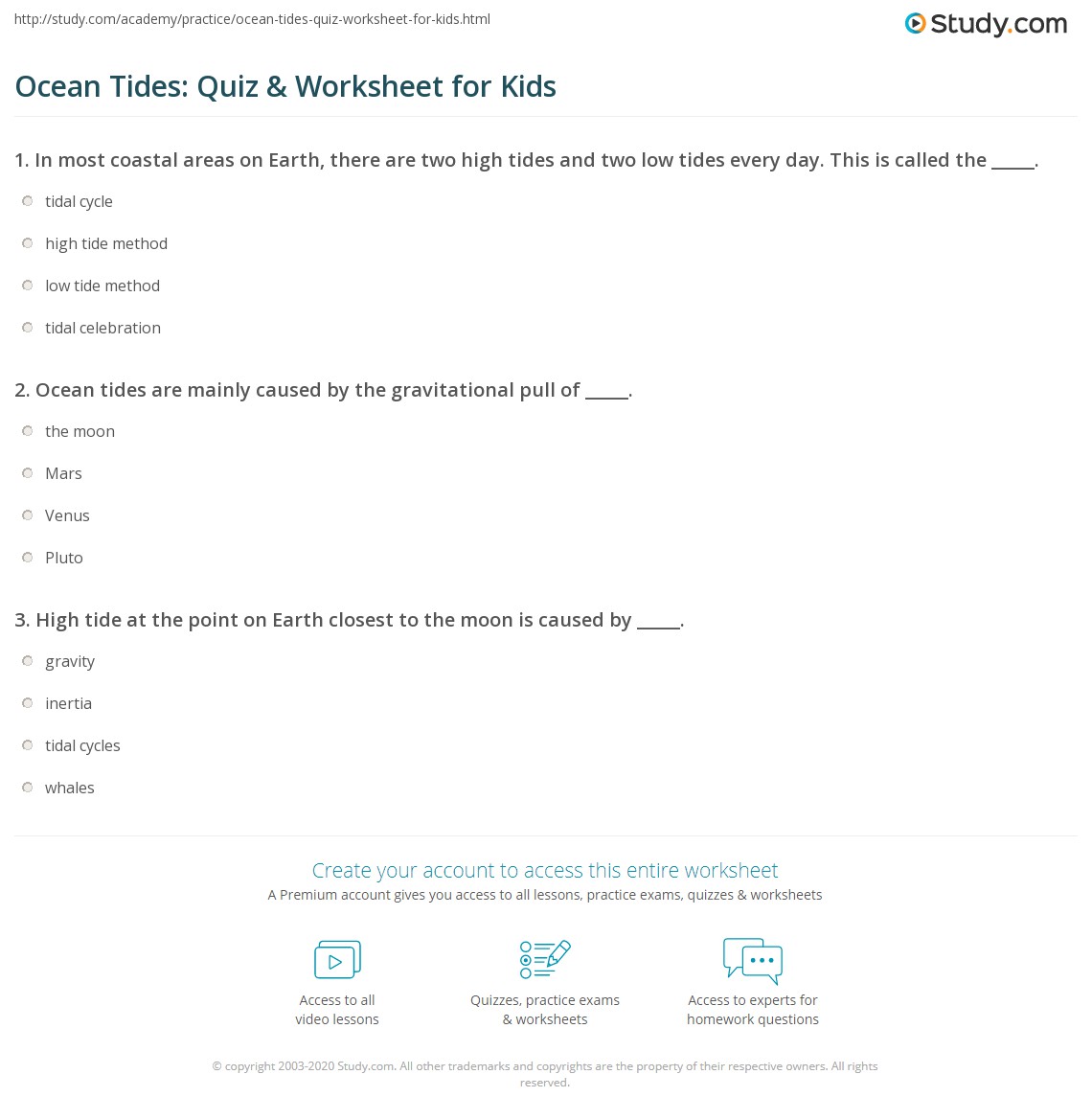 Ocean Tides Quiz Worksheet For Kids Study