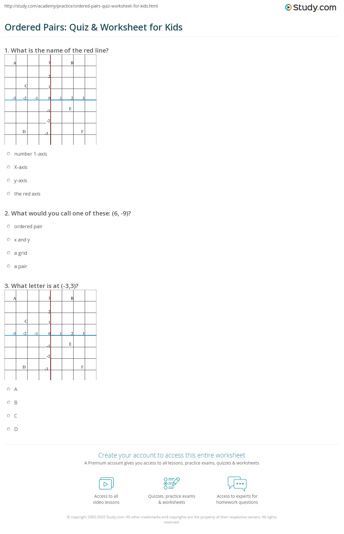Ordered Pairs Quiz Worksheet For Kids Study