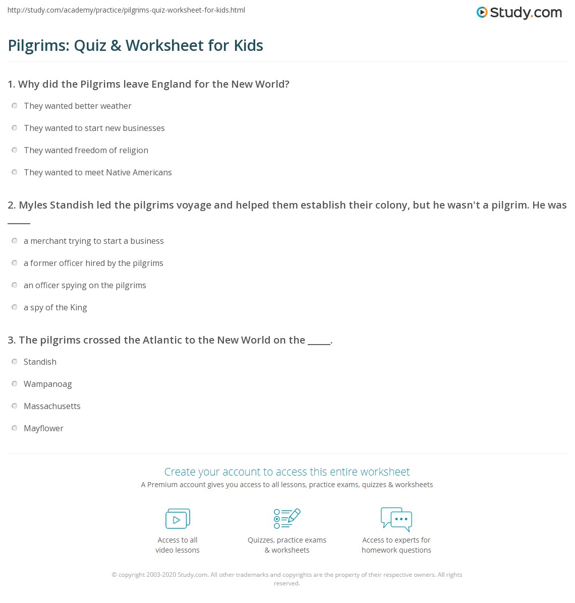 Pilgrims Quiz Worksheet For Kids Study