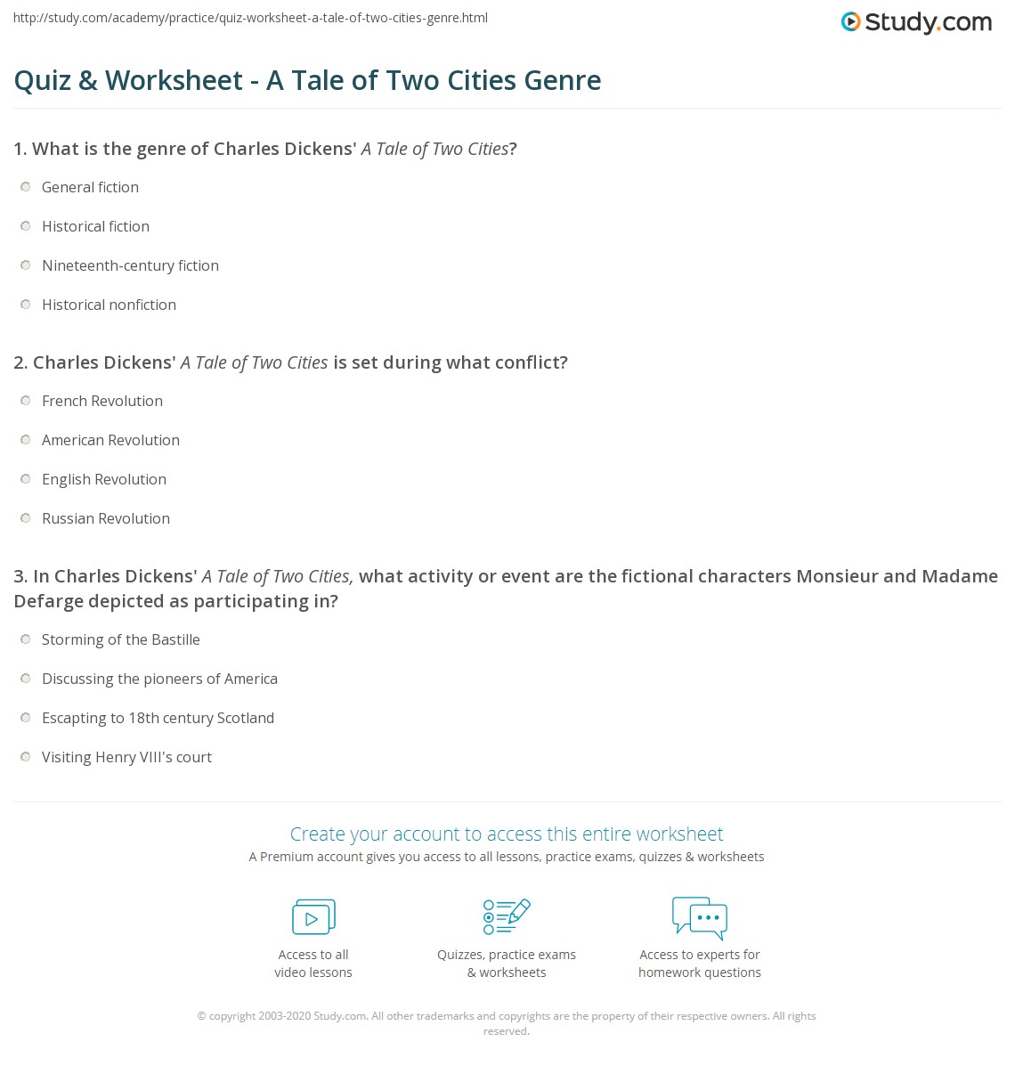 Quiz & Worksheet - A Tale of Two Cities Genre | Study.com