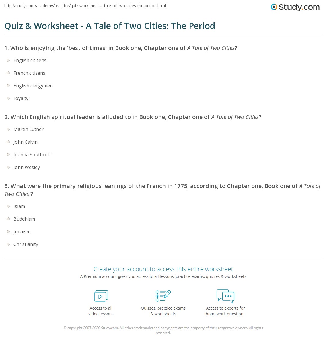 Quiz & Worksheet - A Tale of Two Cities: The Period | Study.com