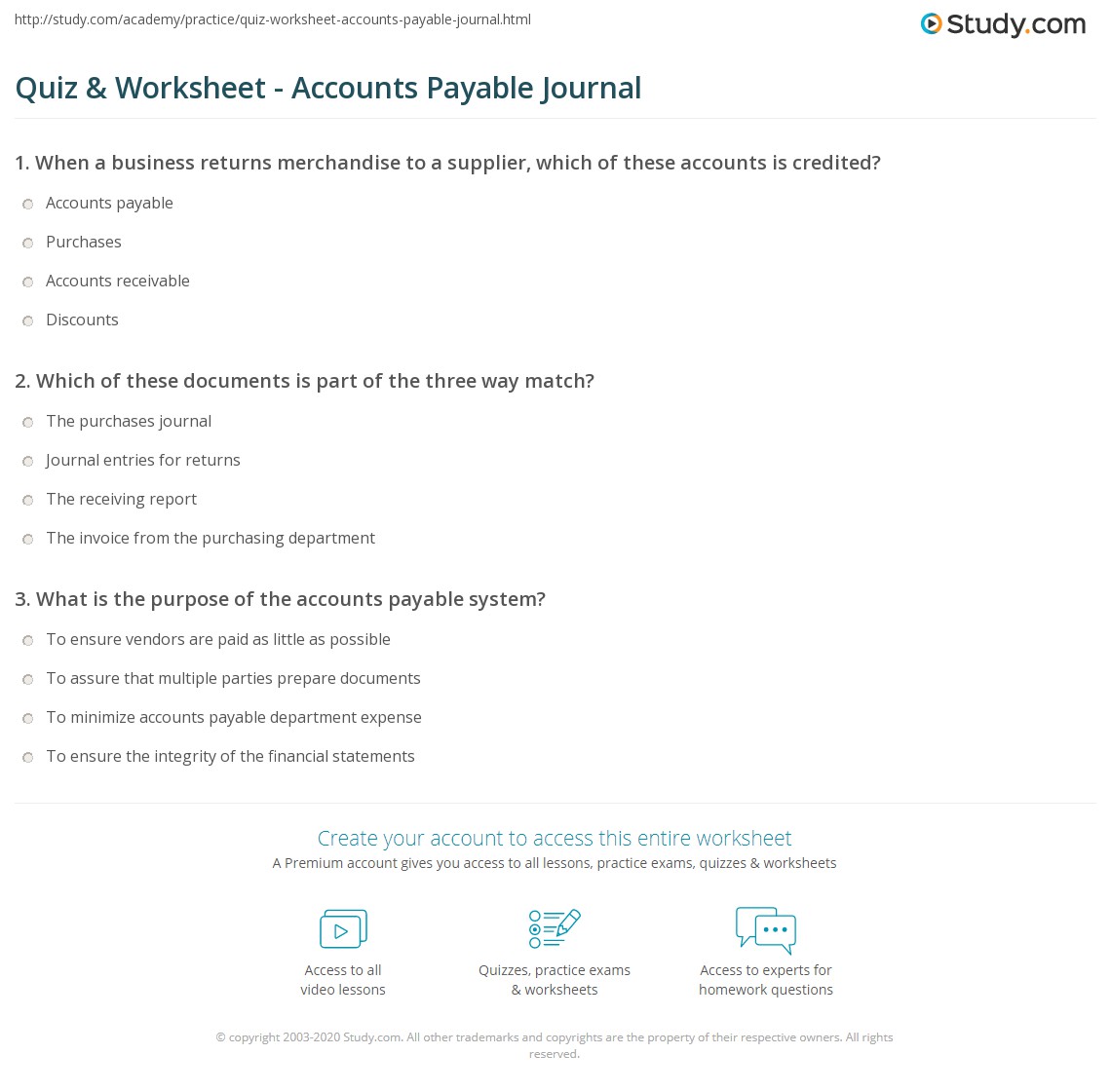 Quiz & Worksheet - Accounts Payable Journal | Study.com