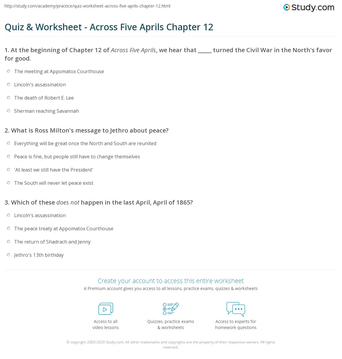 Quiz & Worksheet - Across Five Aprils Chapter 12 | Study.com