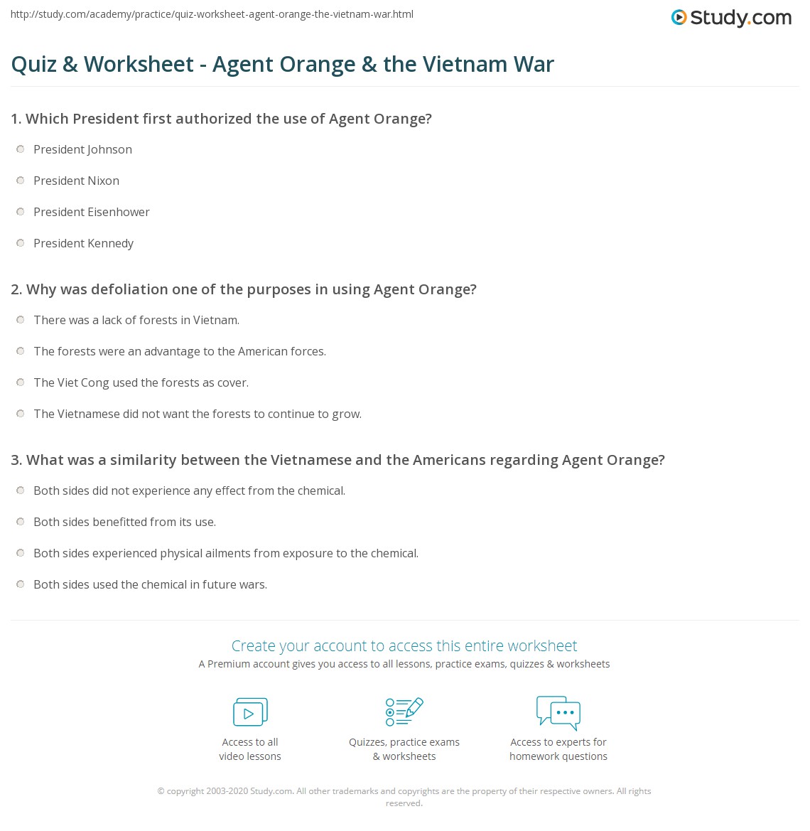 Quiz Worksheet Agent Orange The Vietnam War Study