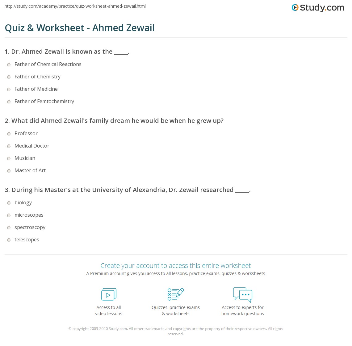 Zewail Research Work Example Quiz & Worksheet - Ahmed Zewail | Study.com