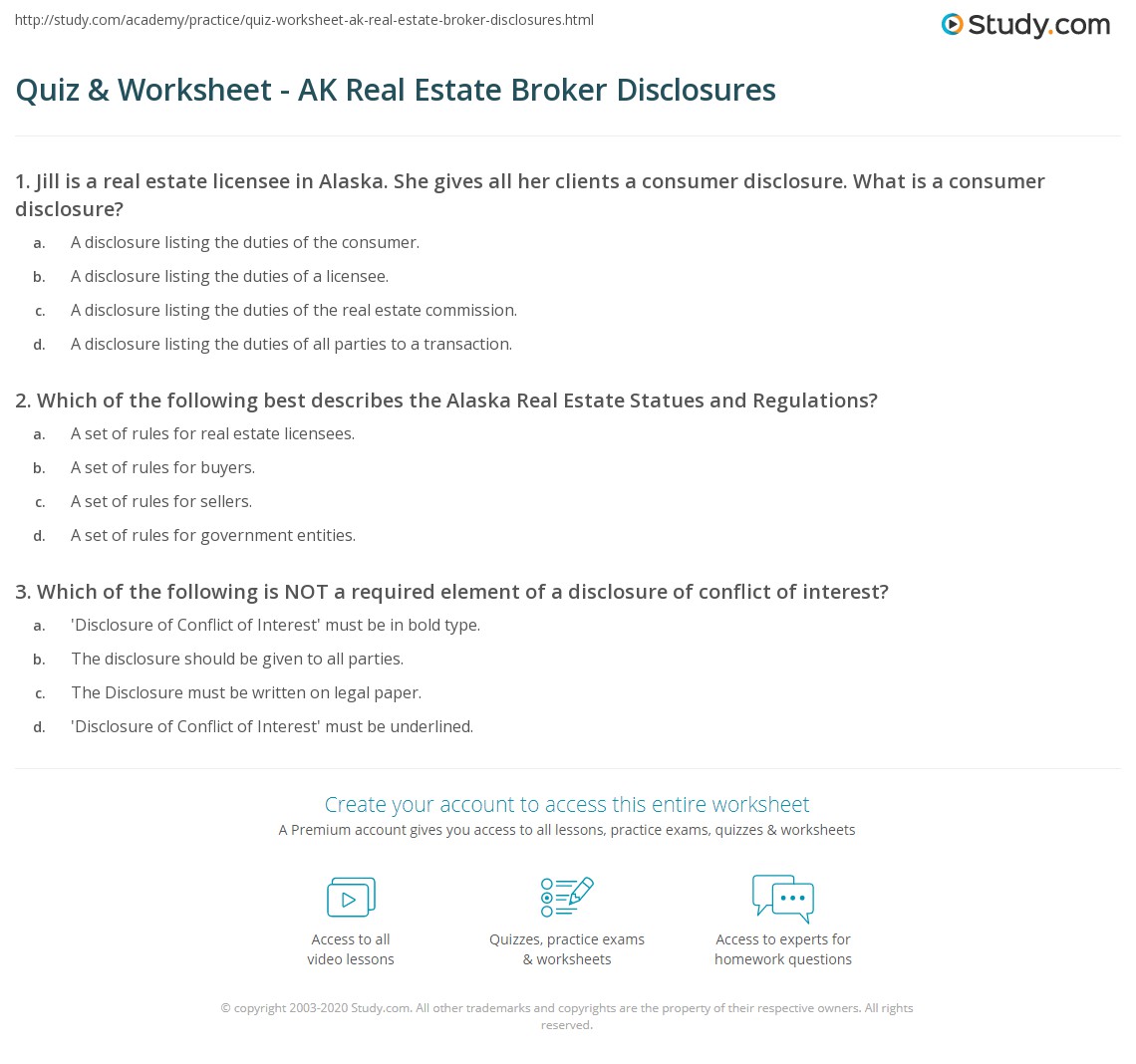 Quiz & Worksheet AK Real Estate Broker Disclosures