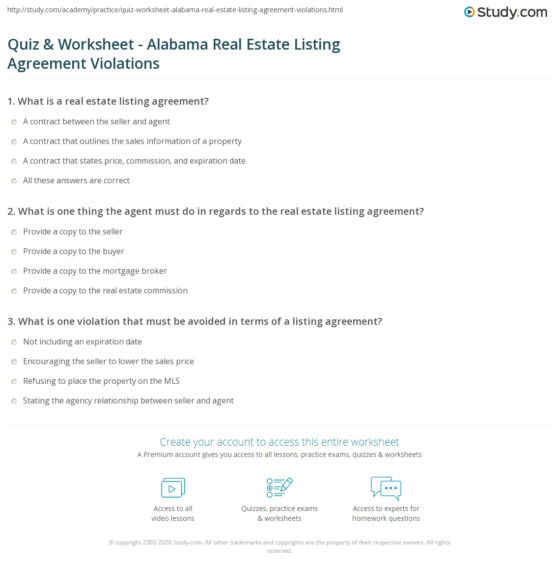 Quiz & Worksheet Alabama Real Estate Listing Agreement Violations