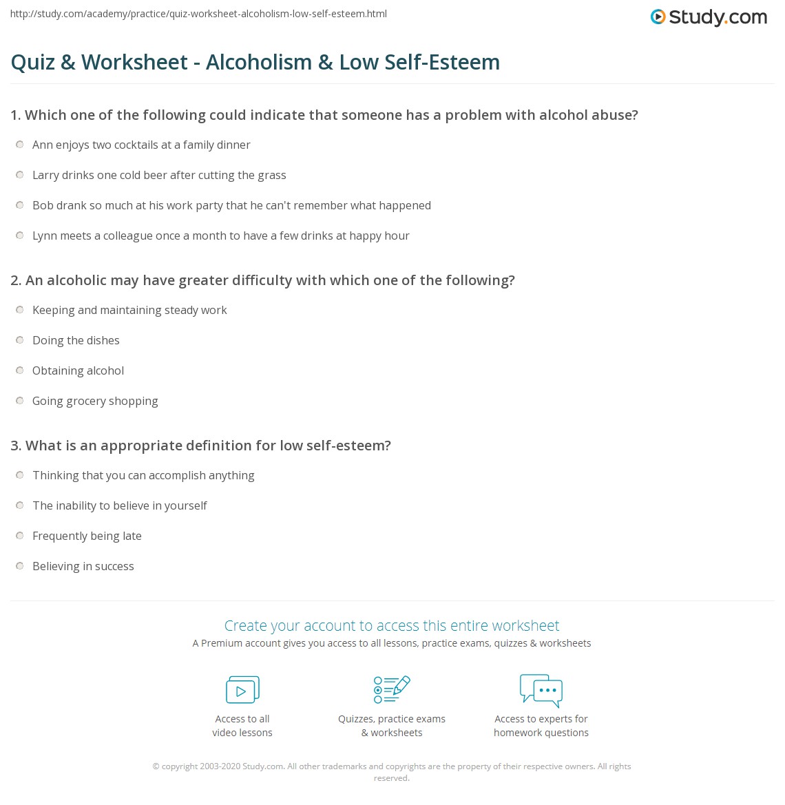 Quiz & Worksheet - Alcoholism & Low Self-Esteem | Study.com