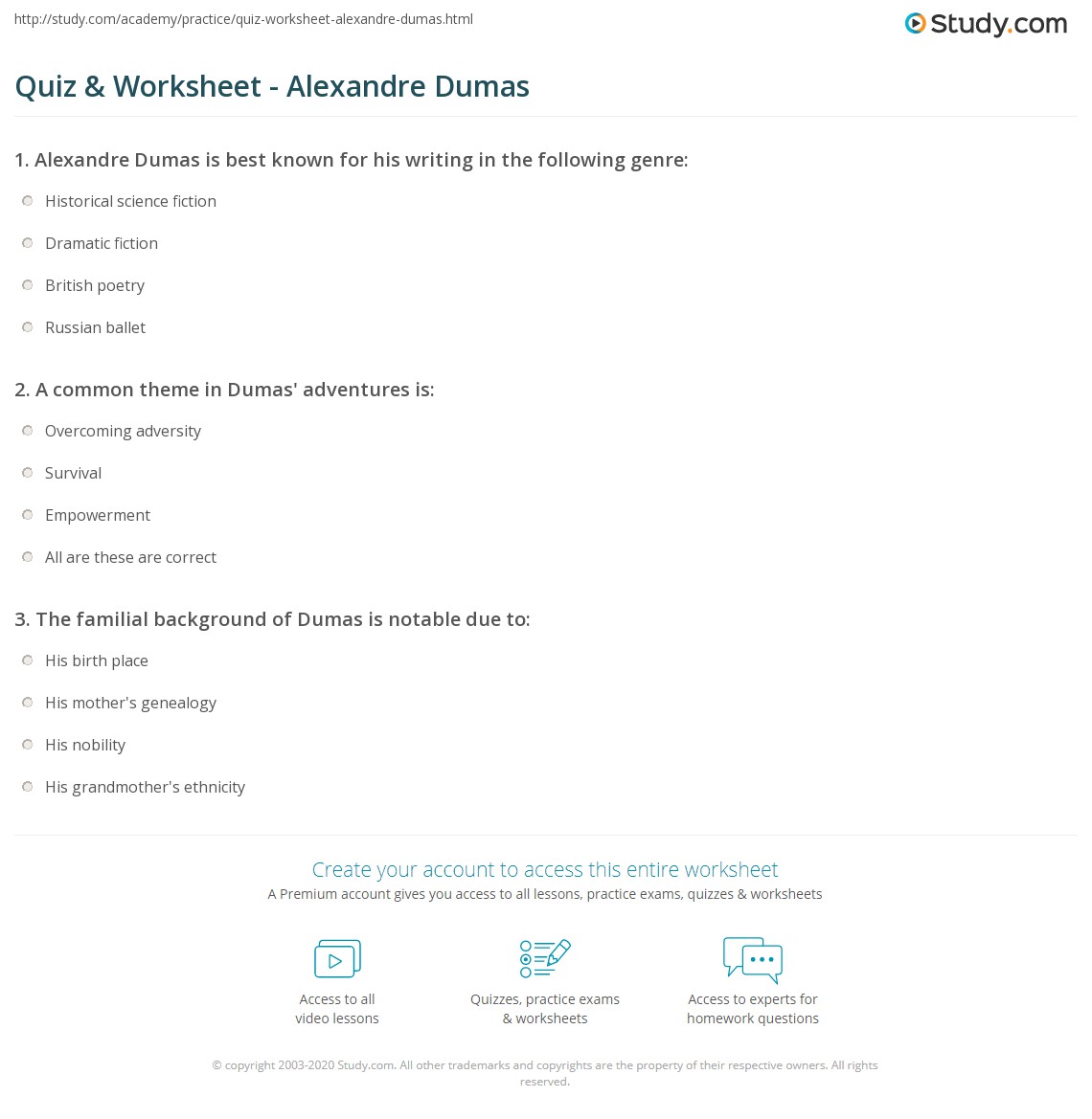 Quiz & Worksheet - Alexandre Dumas | Study.com