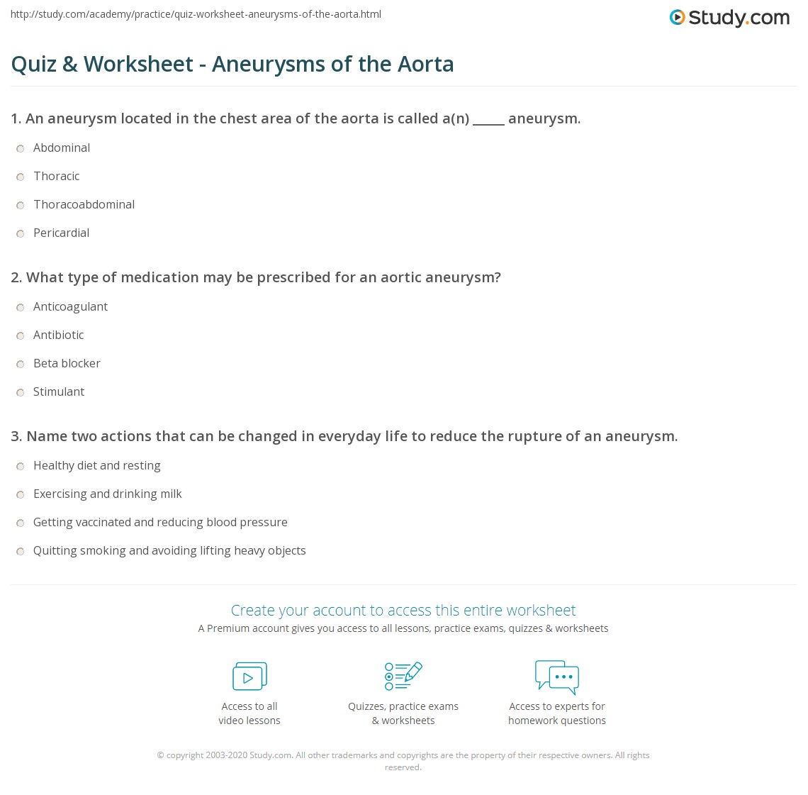 Quiz & Worksheet - Aneurysms of the Aorta | Study.com