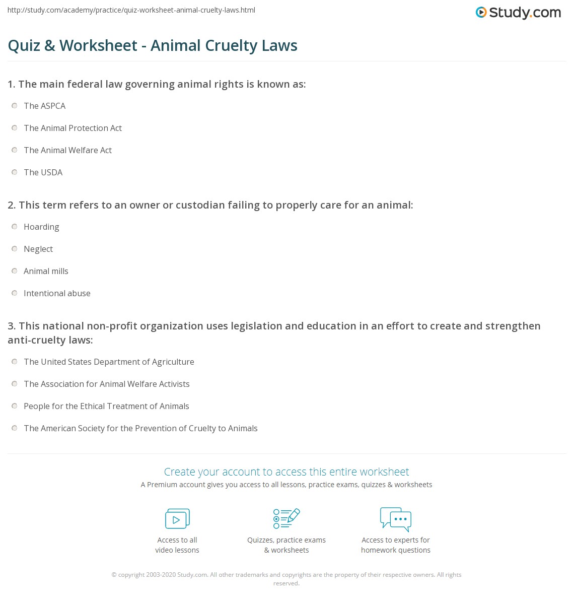 Quiz & Worksheet - Animal Cruelty Laws | Study.com