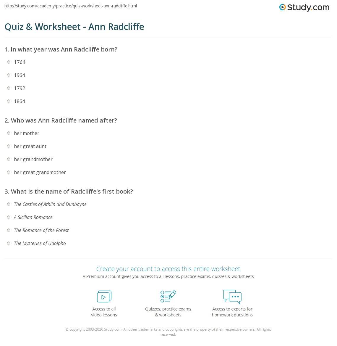 Quiz & Worksheet - Ann Radcliffe | Study.com