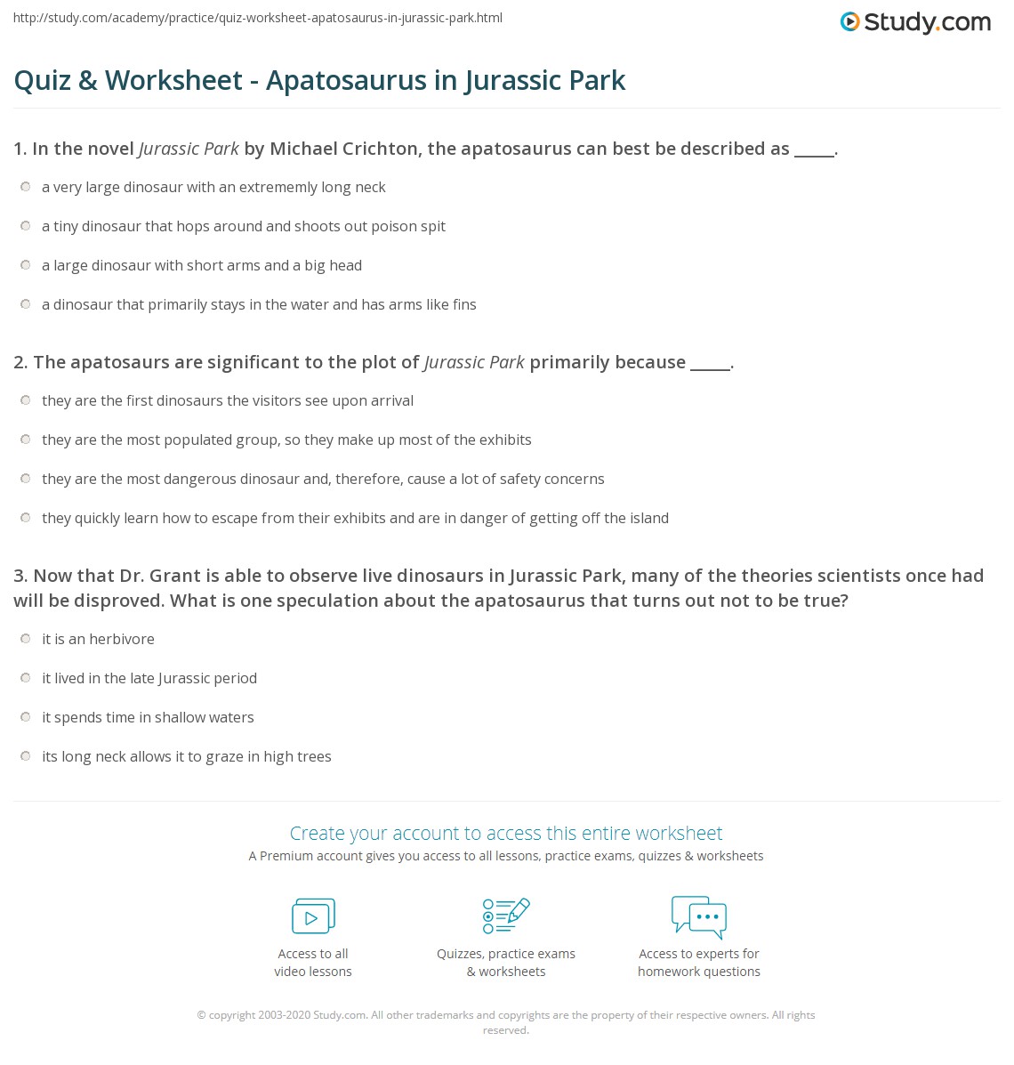 Quiz & Worksheet - Apatosaurus in Jurassic Park | Study.com