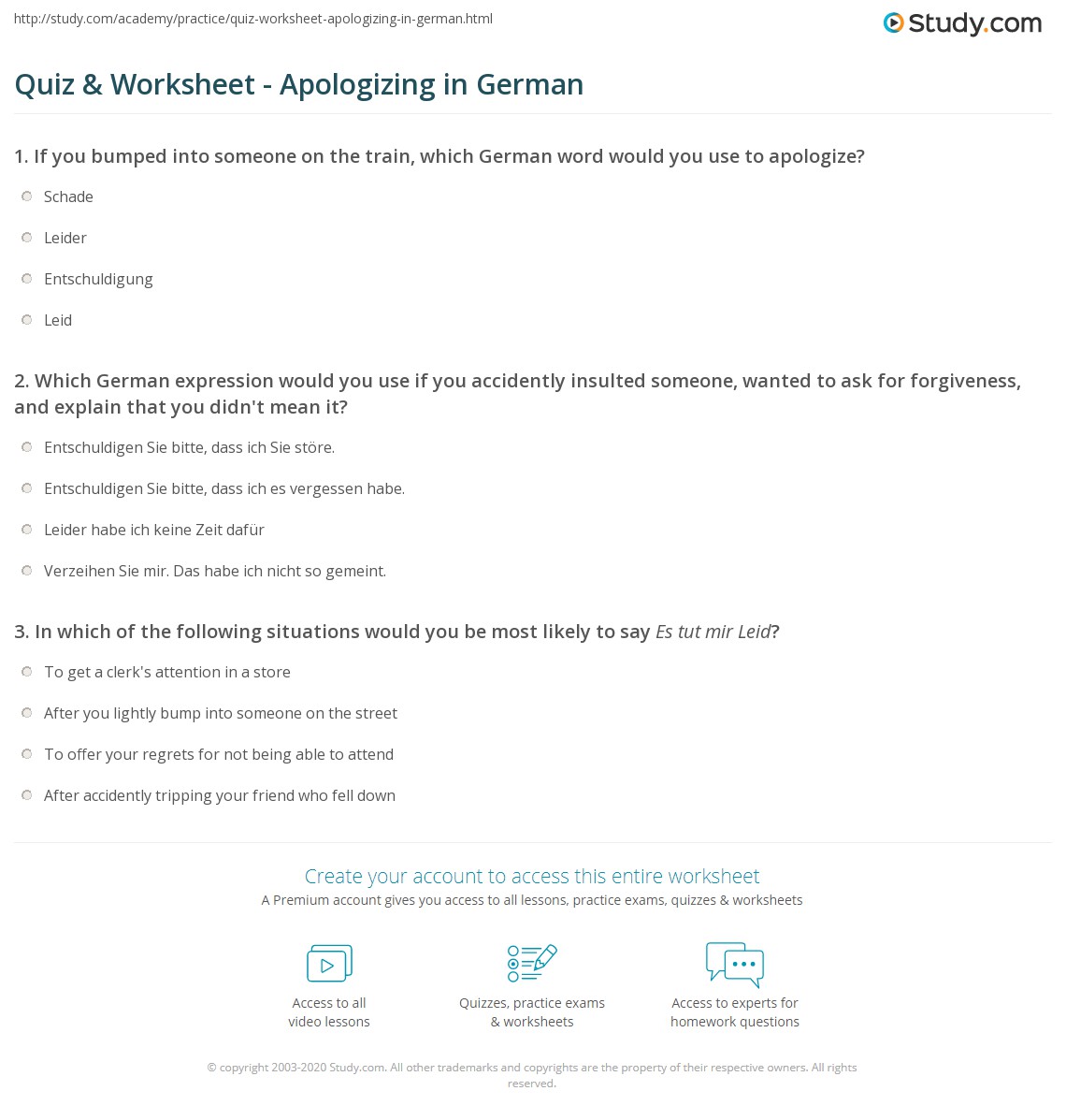 Quiz & Worksheet - Apologizing in German | Study.com