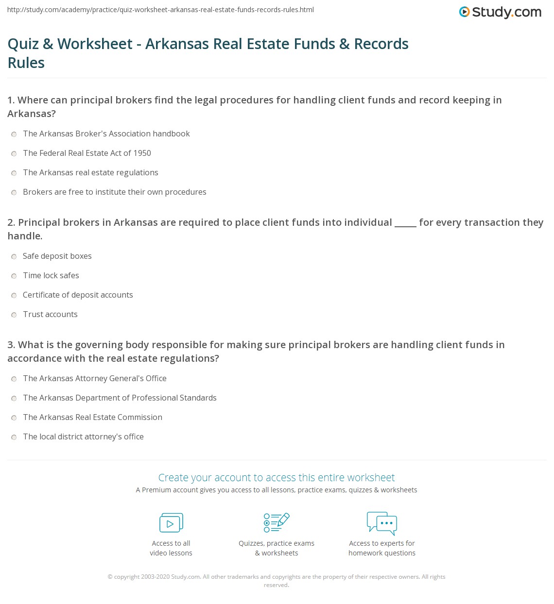 Quiz & Worksheet Arkansas Real Estate Funds & Records Rules