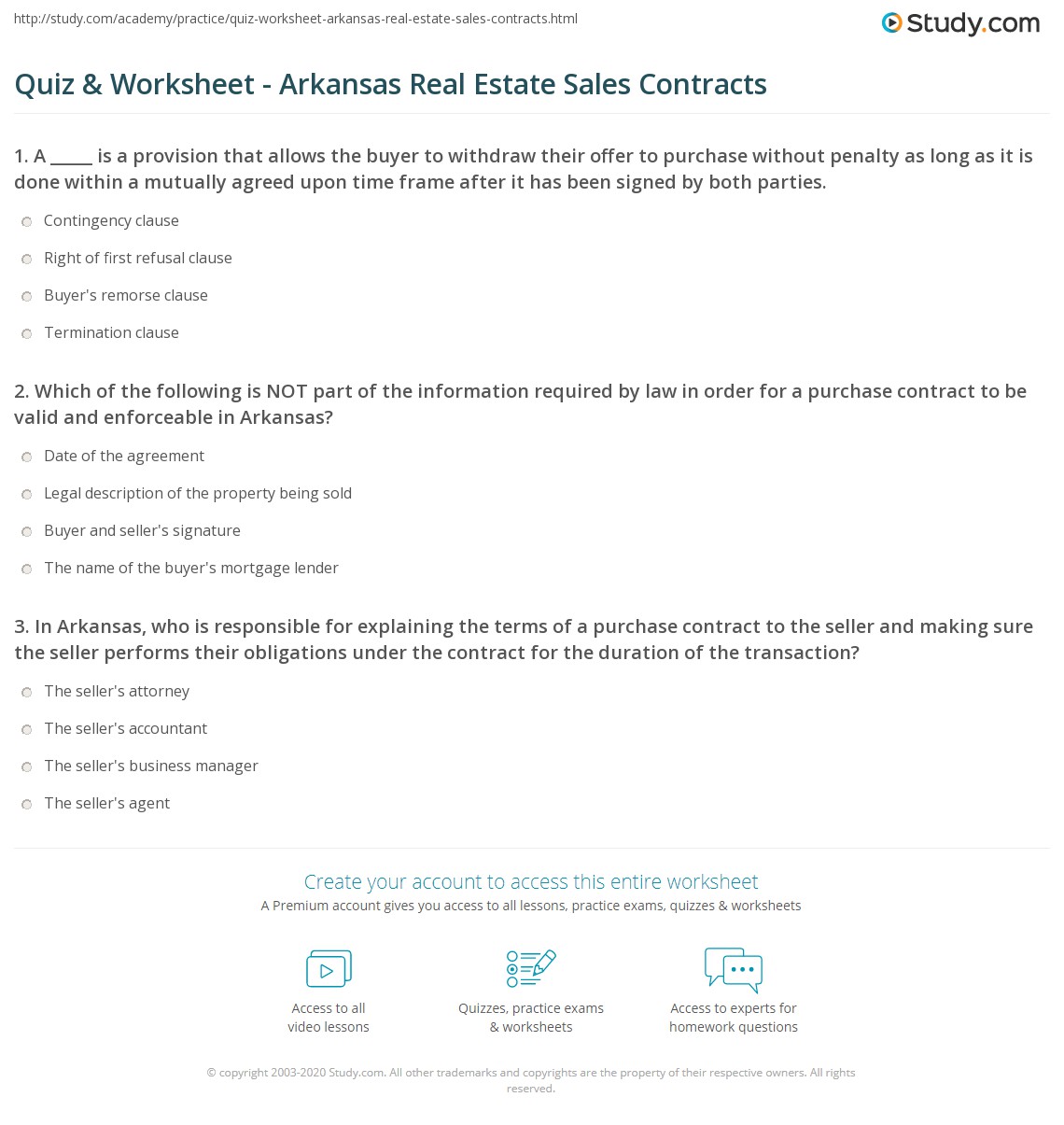 Quiz & Worksheet Arkansas Real Estate Sales Contracts