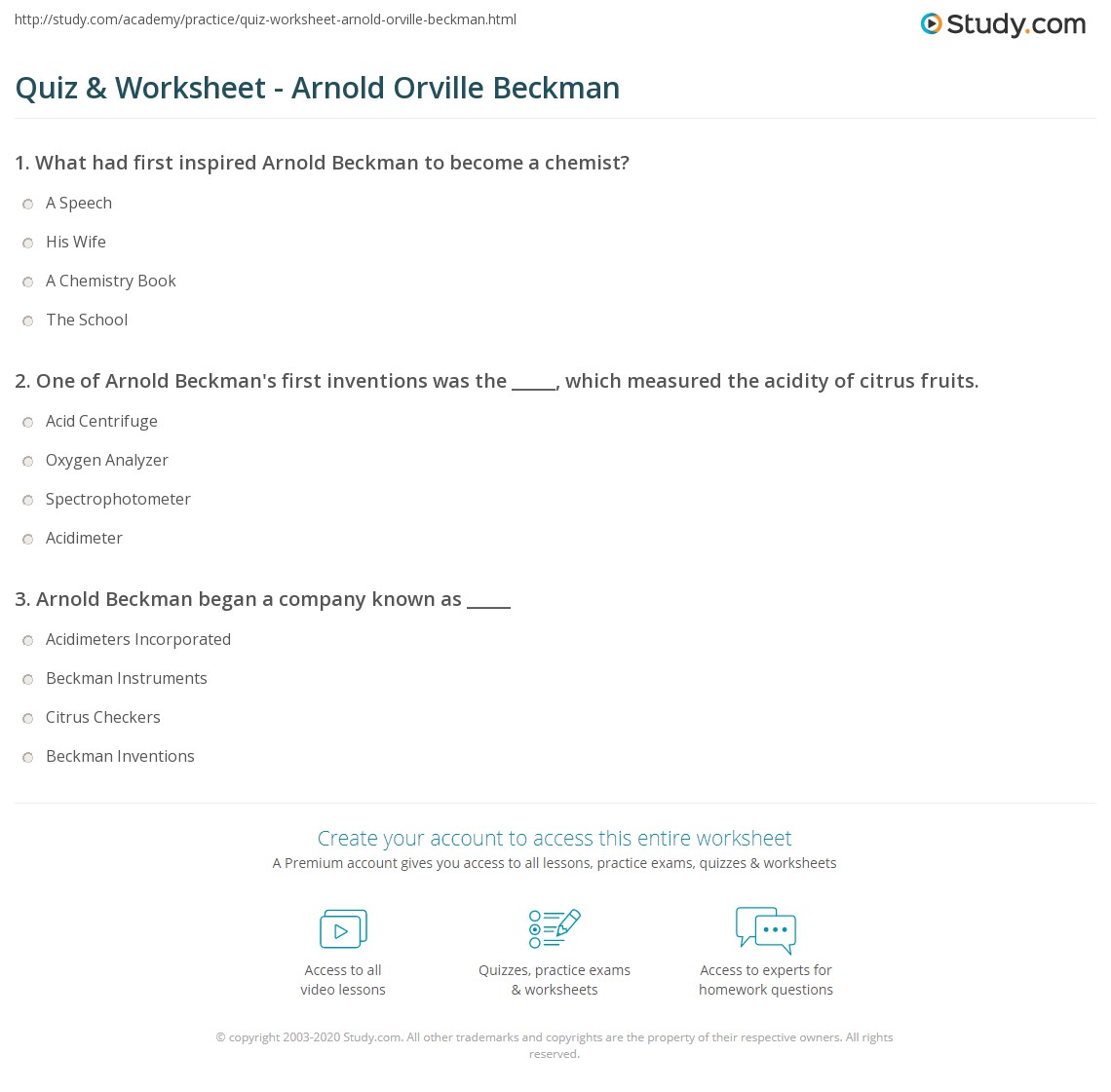 Beakman Worksheet.pdf Quiz & Worksheet - Arnold Orville Beckman | Study.com