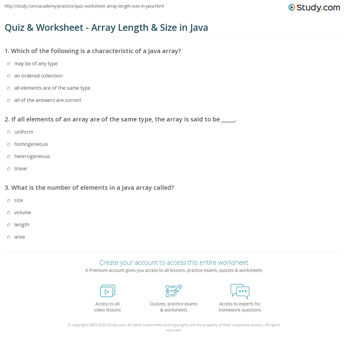 Quiz & worksheet - array length & size in java | study.com