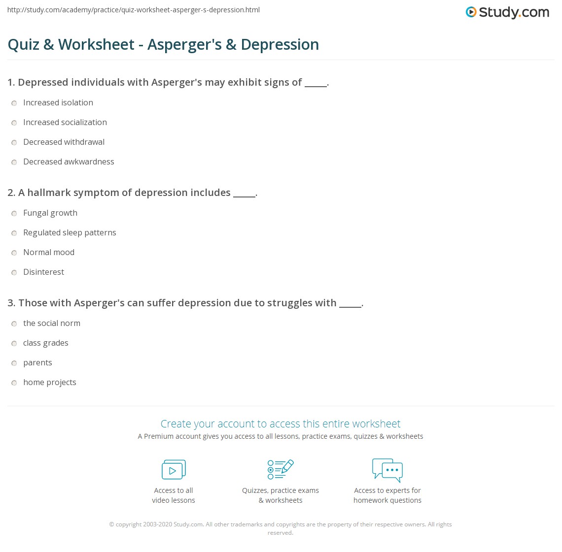 Quiz &amp; Worksheet - Asperger's &amp; Depression | Study.com