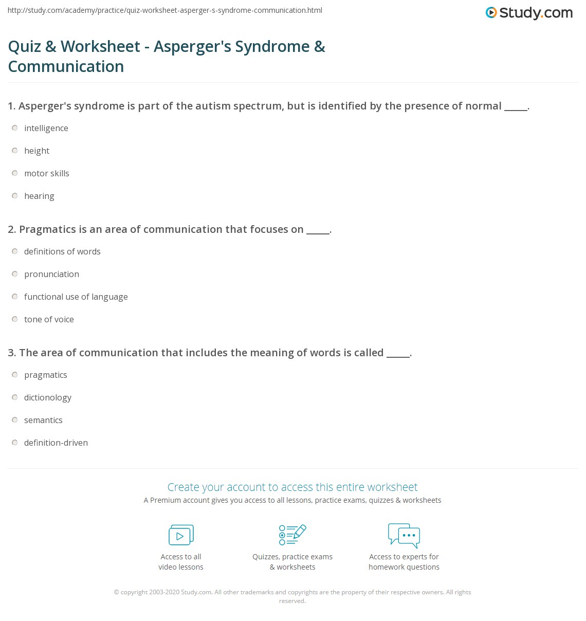 Quiz &amp; Worksheet - Asperger's Syndrome &amp; Communication | Study.com