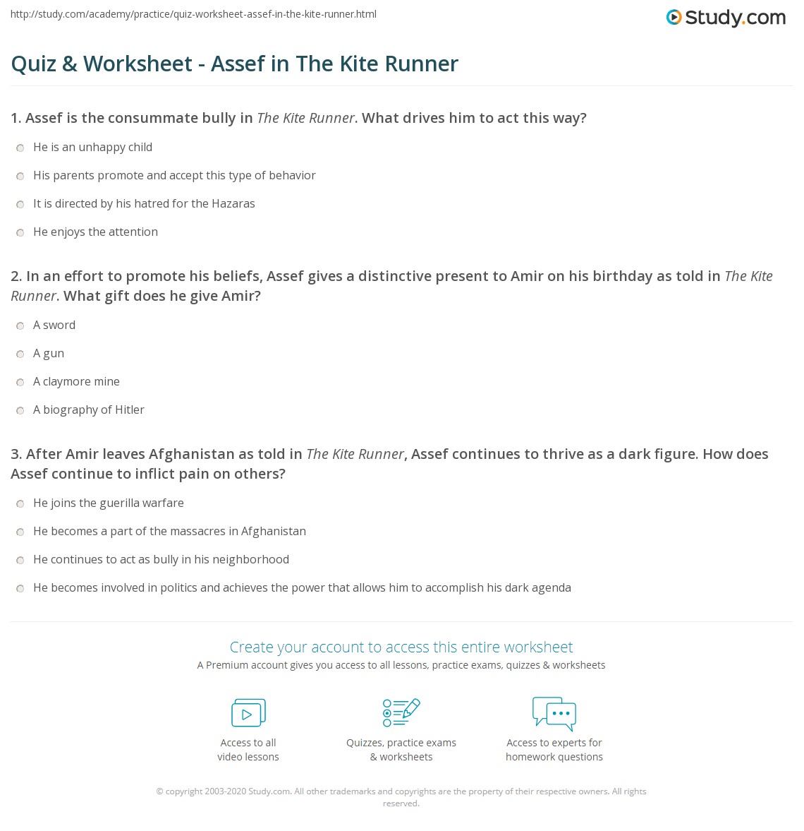Quiz & Worksheet - Assef in The Kite Runner | Study.com