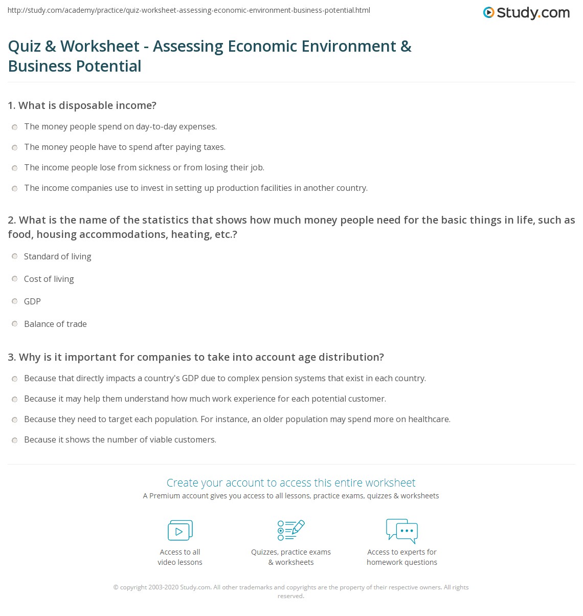 Quiz Worksheet Assessing Economic Environment Business Potential 