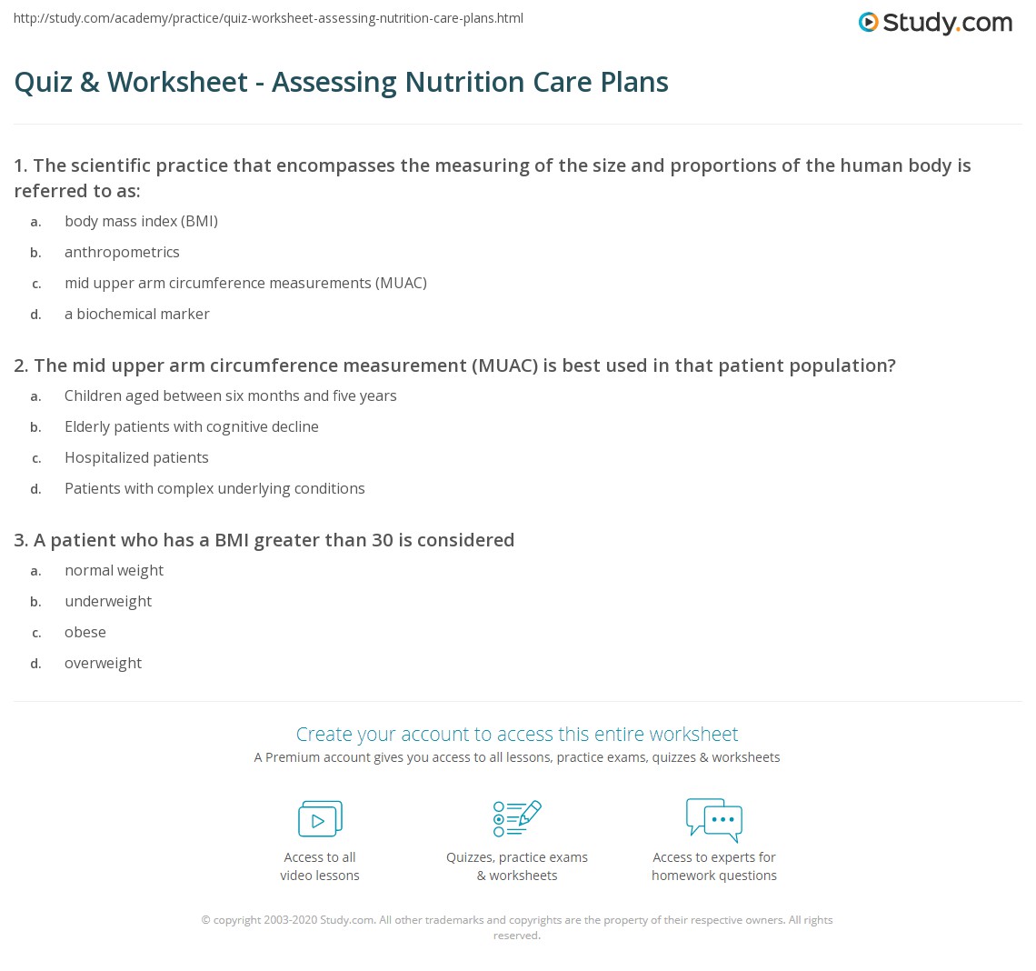 Quiz & Worksheet Assessing Nutrition Care Plans