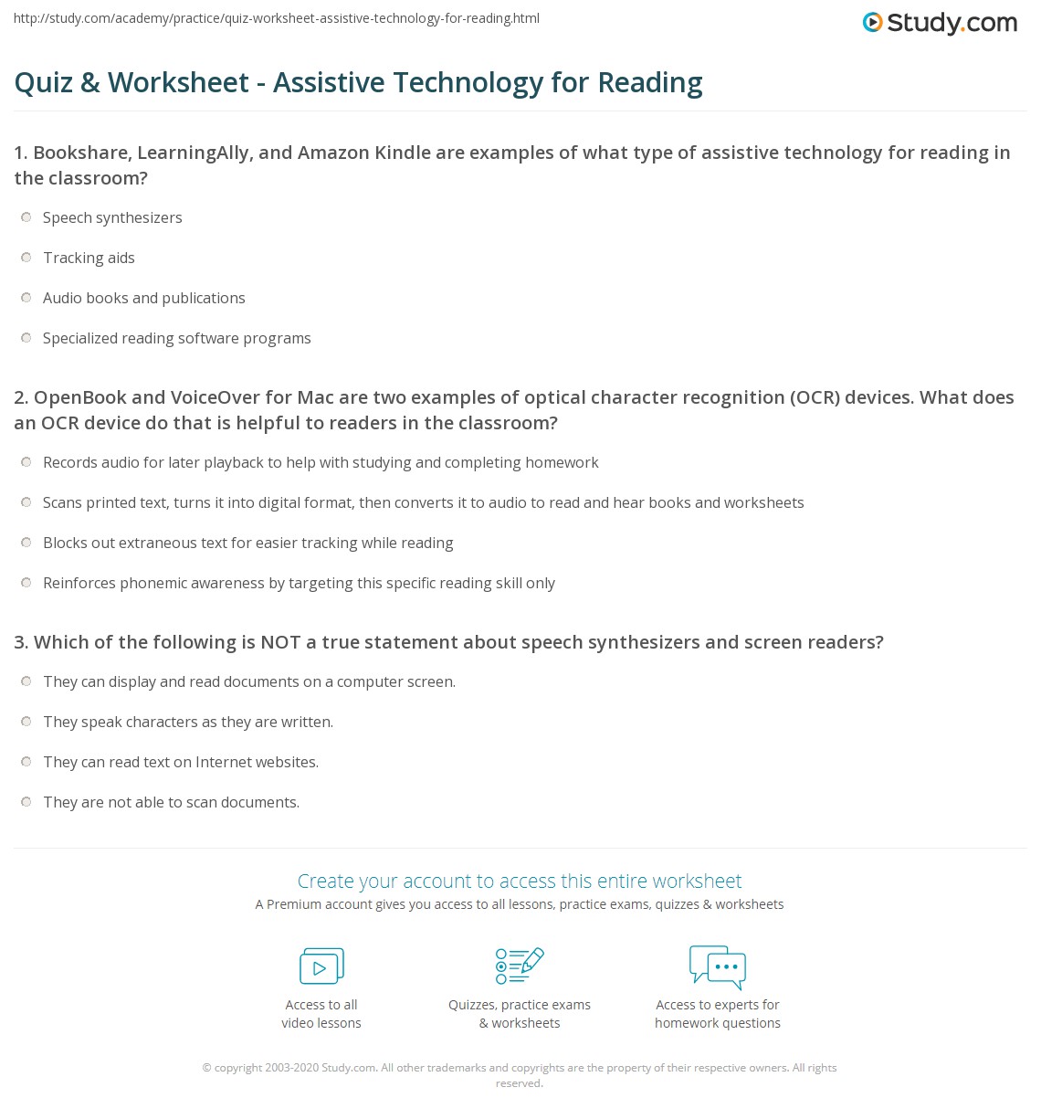 Quiz & Worksheet - Assistive Technology for Reading | Study.com