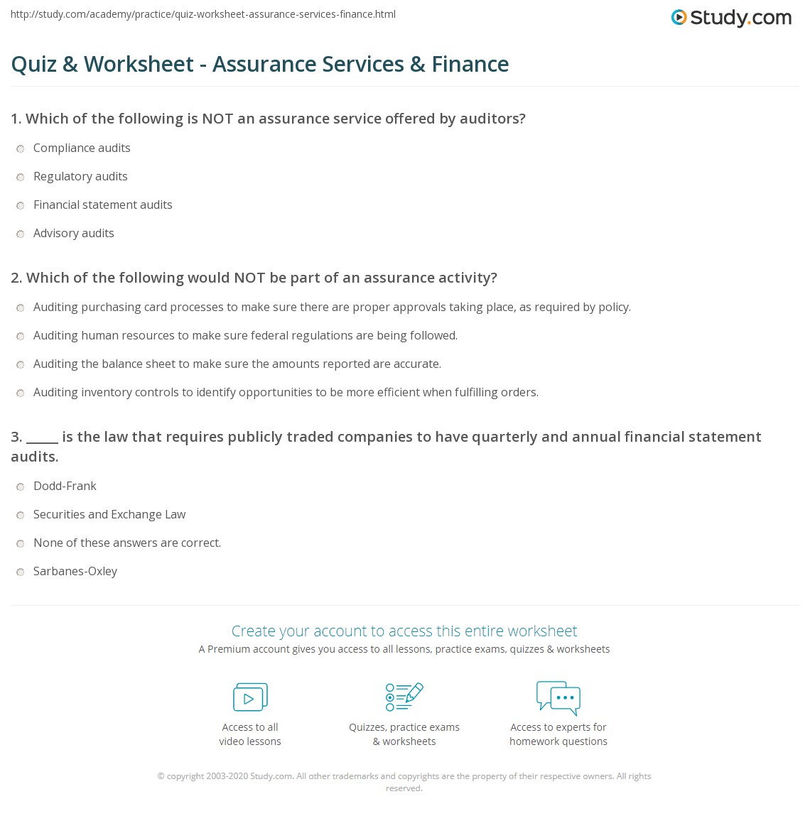 Quiz & Worksheet - Assurance Services & Finance | Study.com