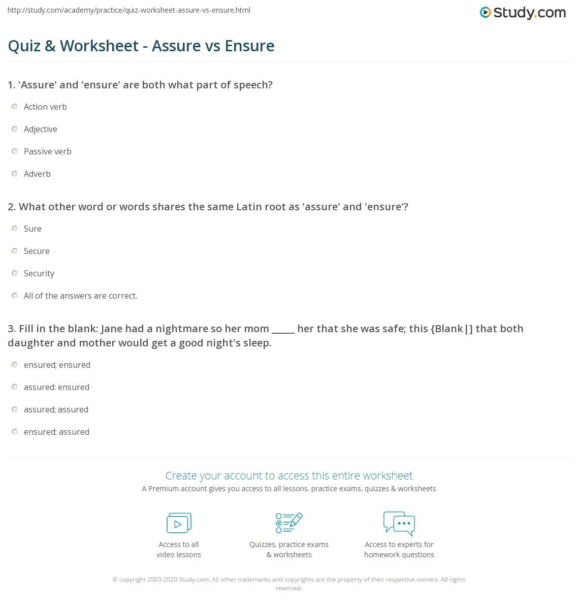 Assure Examples Quiz & Worksheet - Assure vs Ensure | Study.com