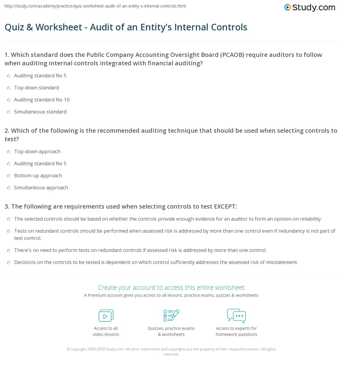 Quiz & Worksheet - Audit of an Entity's Internal Controls | Study.com