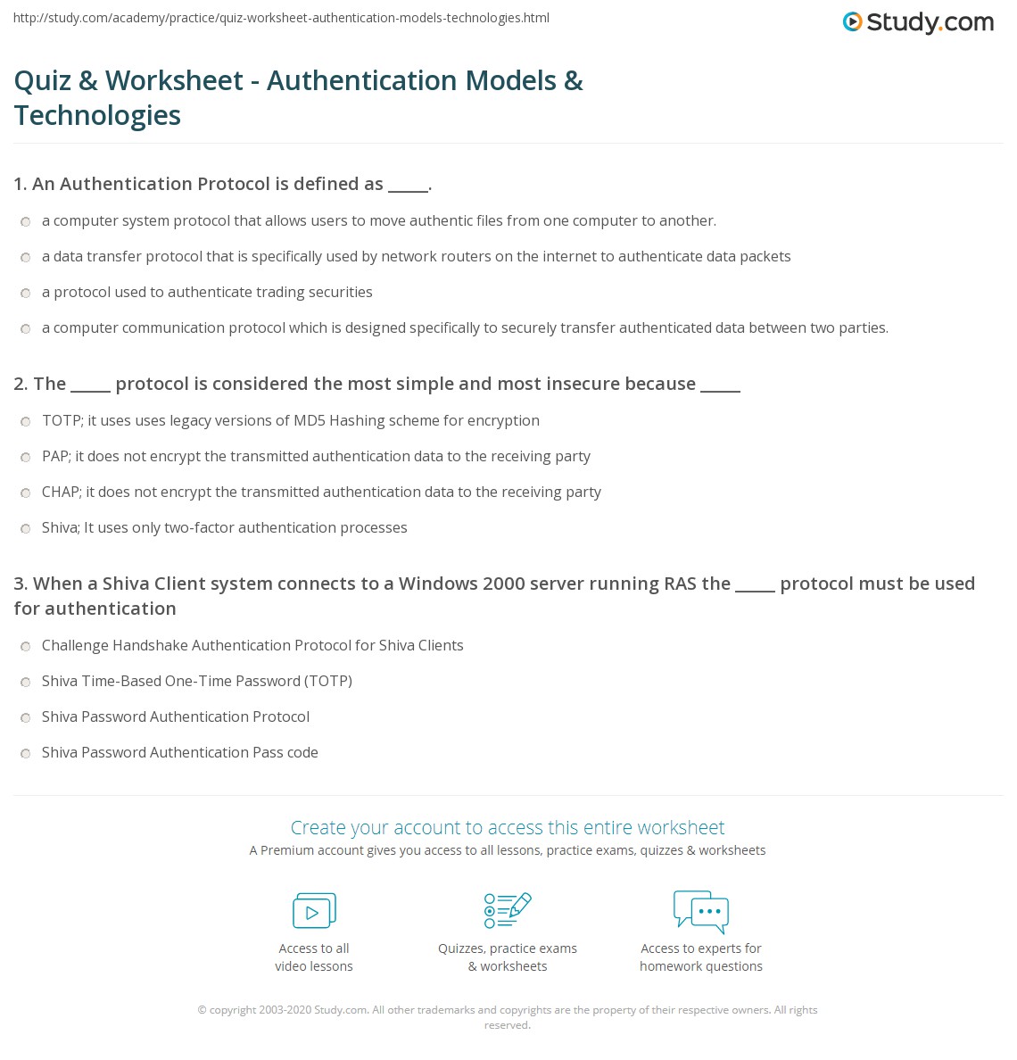 Quiz & Worksheet - Authentication Models & Technologies | Study.com