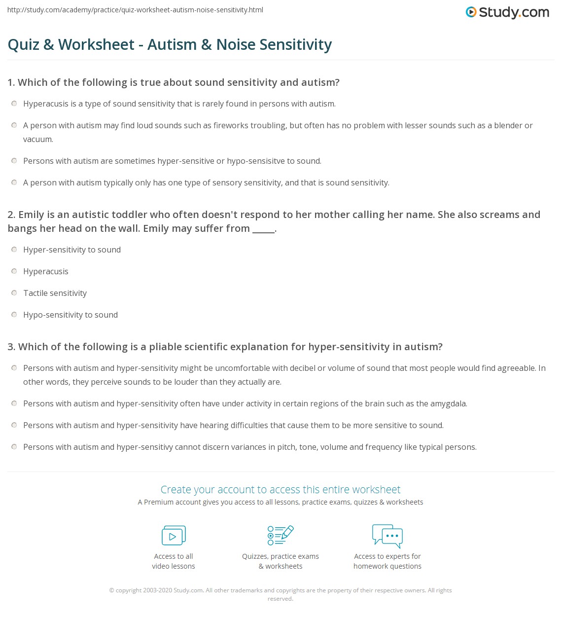 Quiz & Worksheet - Autism & Noise Sensitivity | Study.com