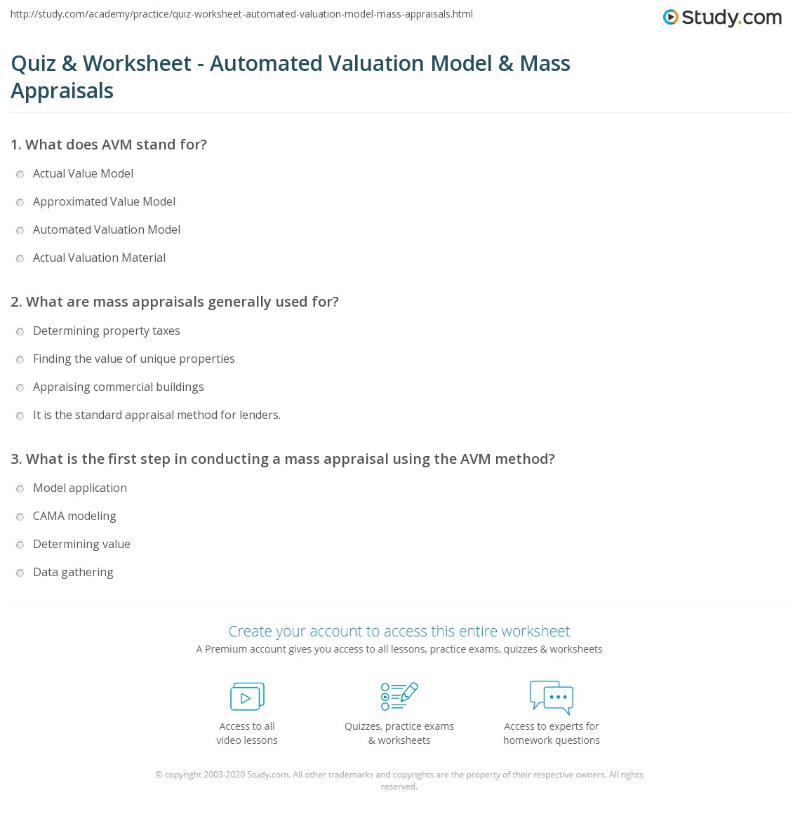 Quiz & Worksheet - Automated Valuation Model & Mass Appraisals | Study.com