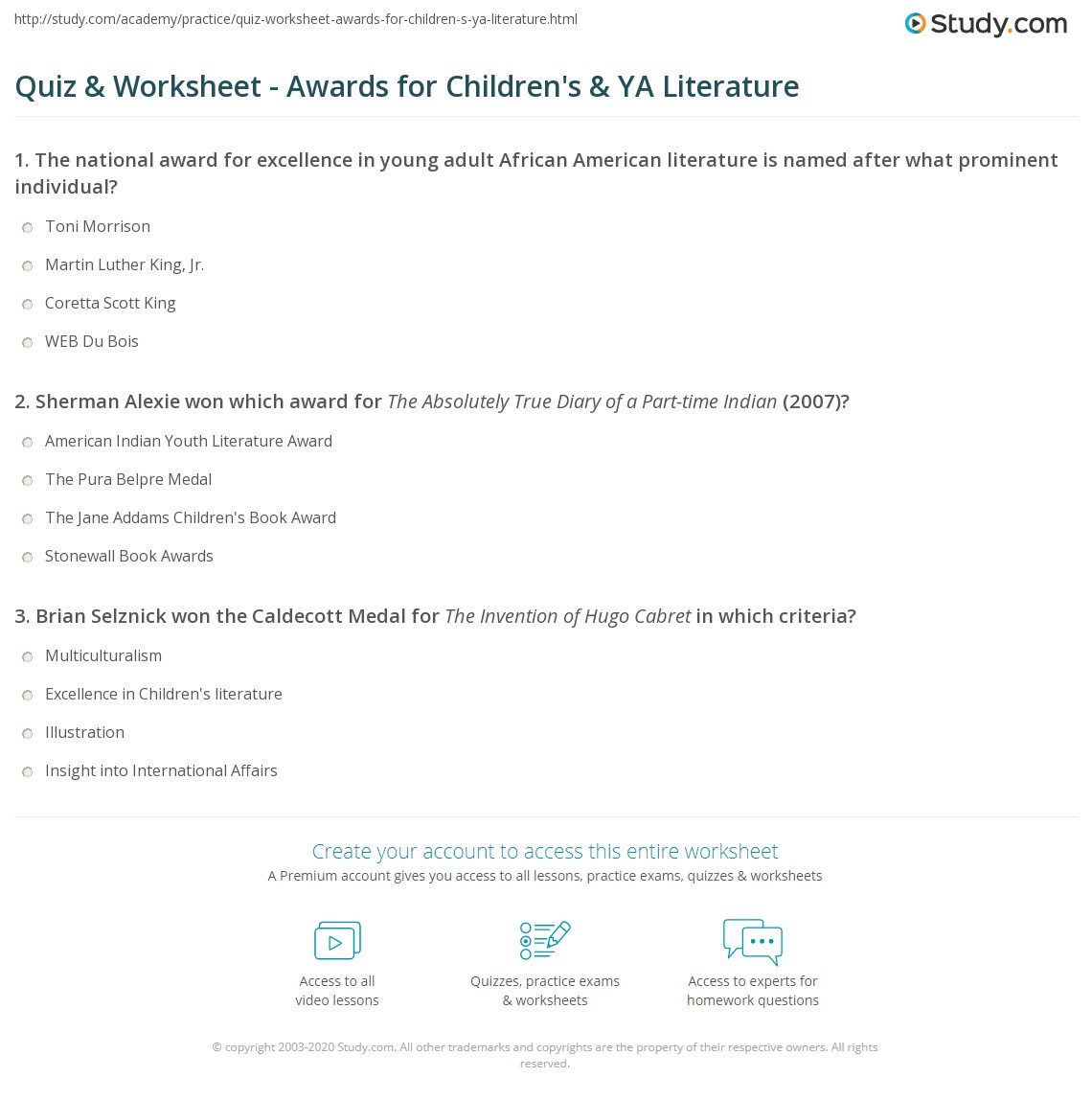 Quiz &amp; Worksheet - Awards for Children's &amp; YA Literature | Study.com