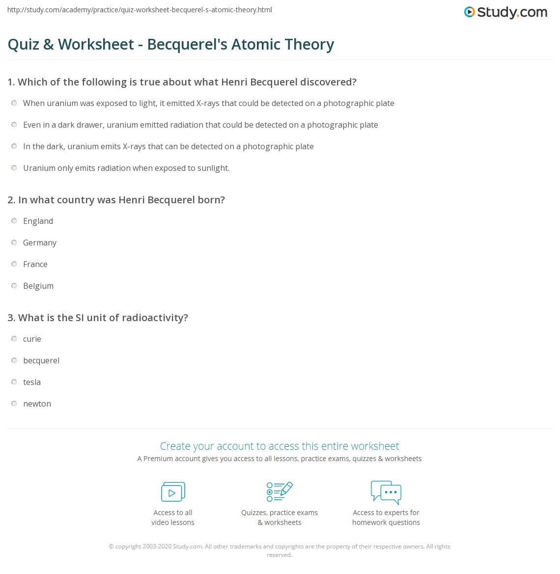 Quiz Worksheet Becquerel S Atomic Theory Study Com
