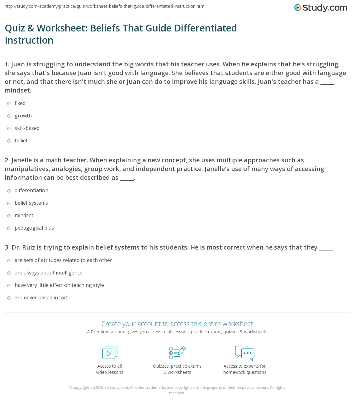 Quiz & Worksheet: Beliefs That Guide Differentiated Instruction | Study.com
