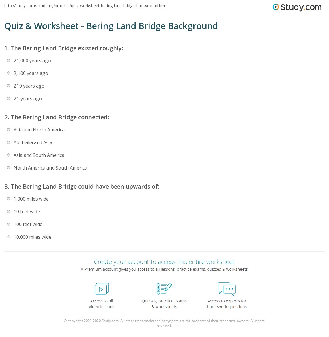 Quiz & Worksheet - Bering Land Bridge Background | Study.com