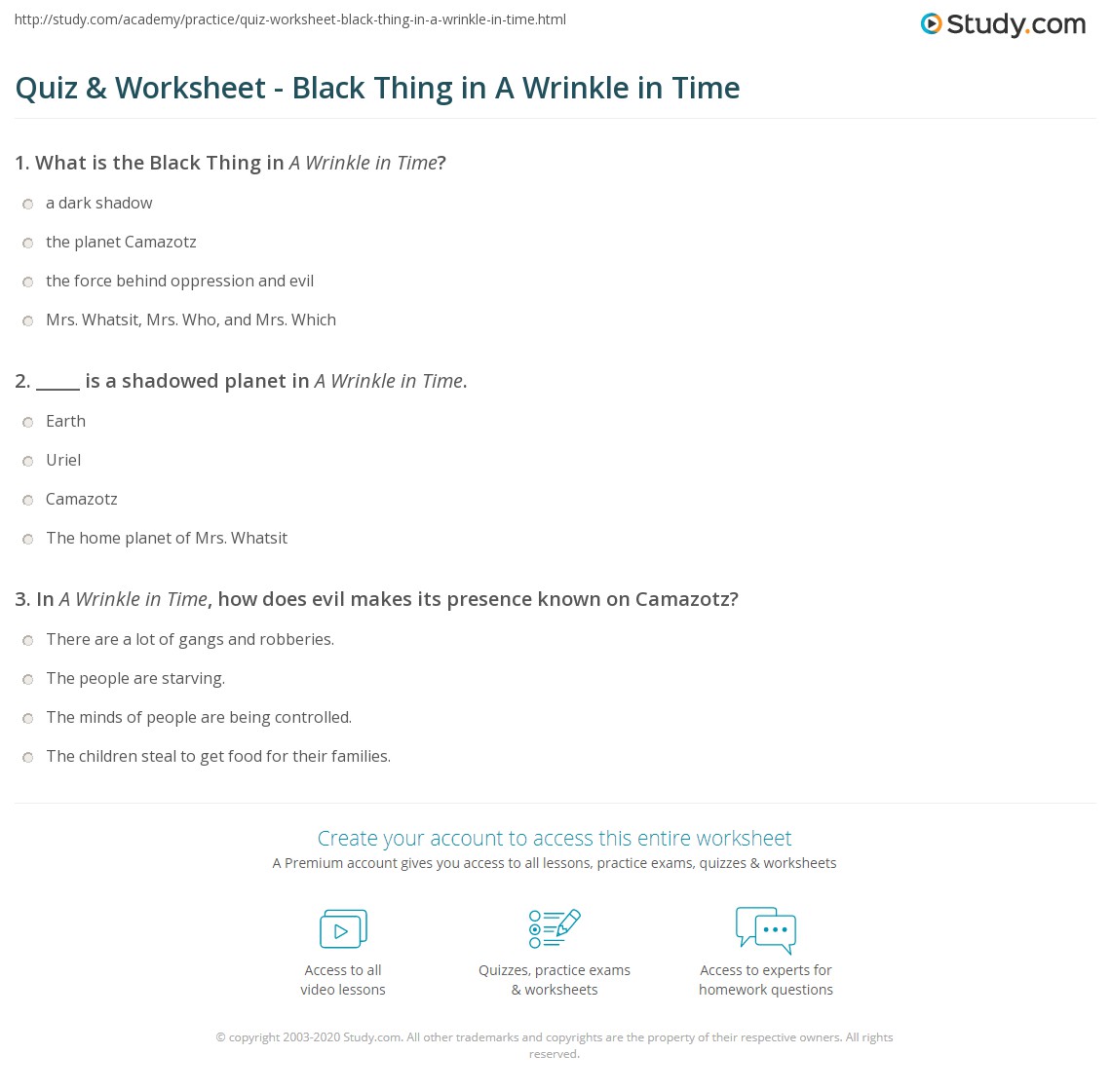 Quiz & Worksheet Black Thing in A Wrinkle in Time