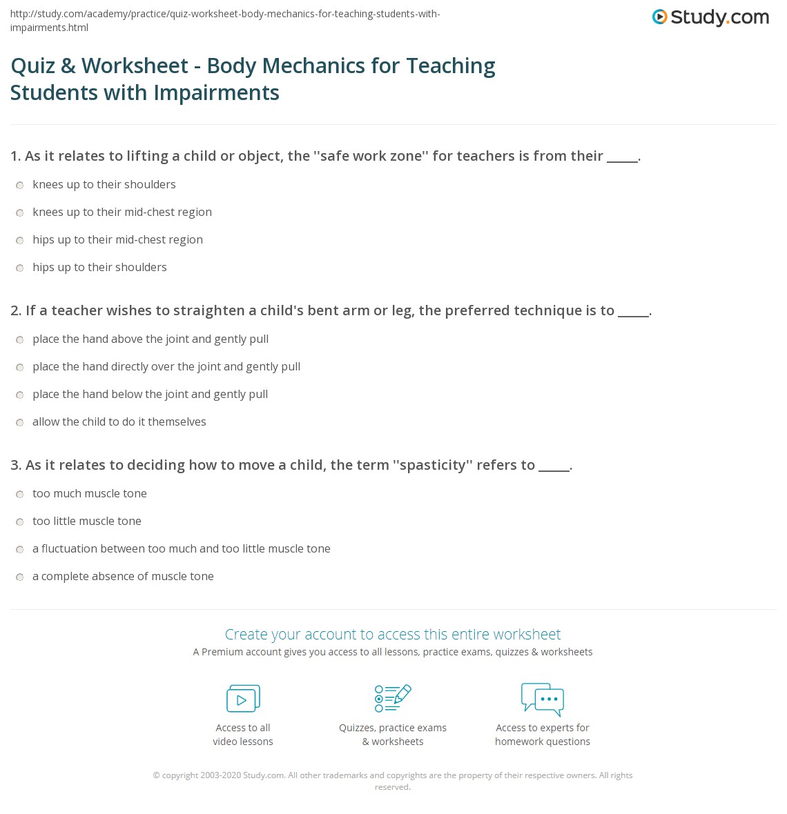 Quiz & Worksheet Body Mechanics for Teaching Students with
