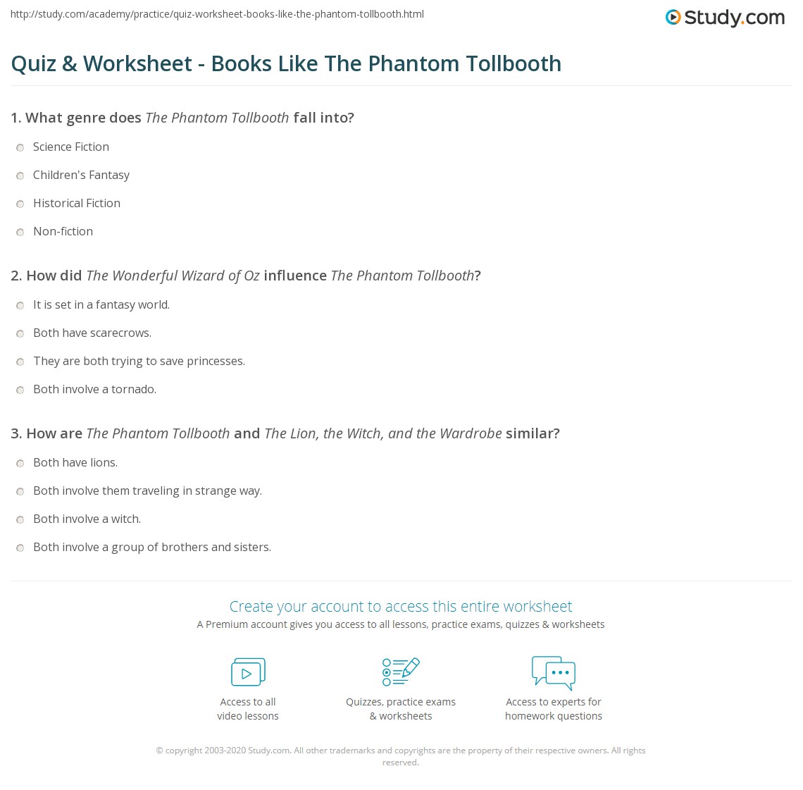 Quiz & Worksheet - Books Like The Phantom Tollbooth | Study.com